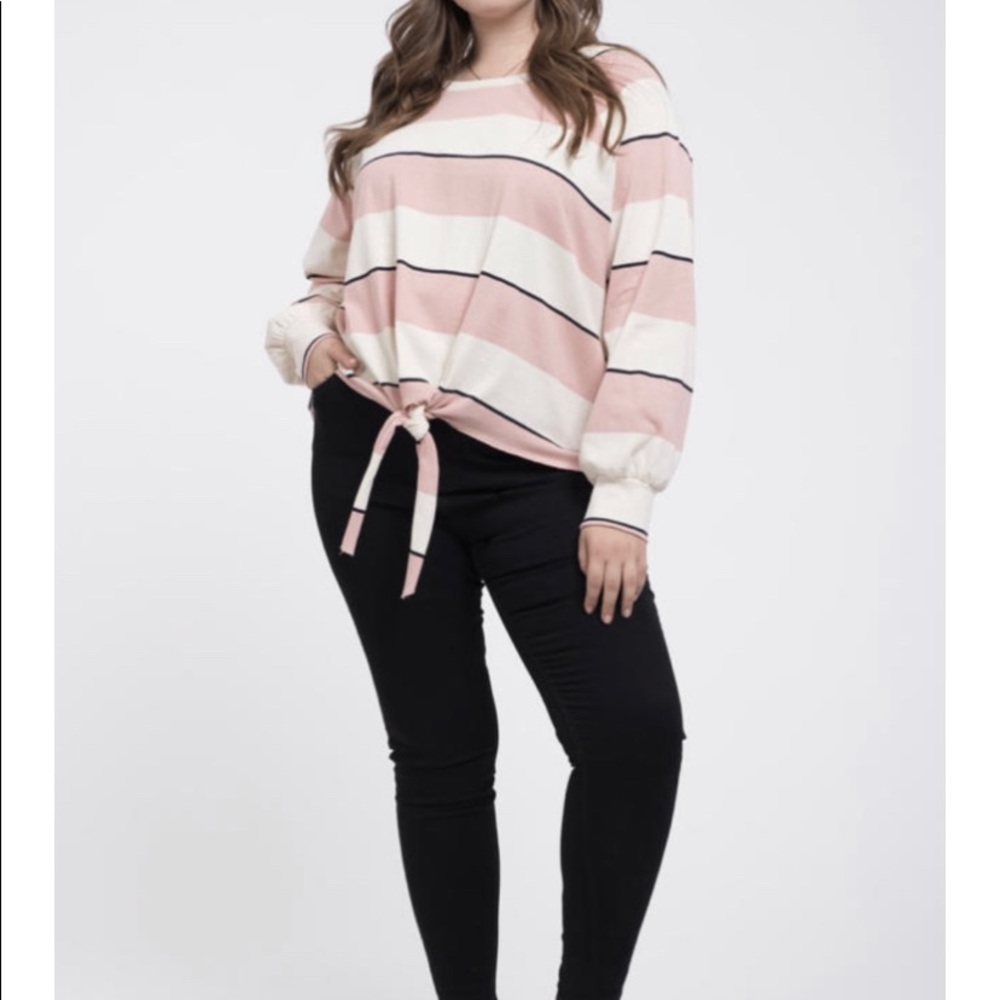 Blush, cream, black stripe tie front top